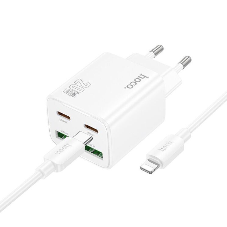 Сетевое зарядное устройство Hoco N55 20W 2C+2U + кабель Type-C to Lightning - White: фото 2 из 6