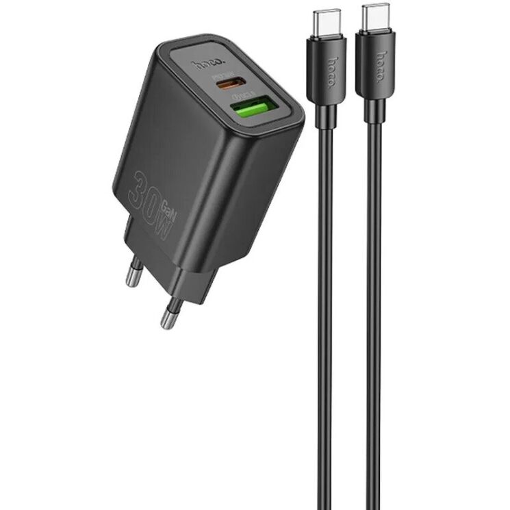 Сетевое зарядное устройство Hoco N63 PD30W + QC3.0 (USB + Type-C) + кабель Type-C to Type-C - Black: фото 1 из 5