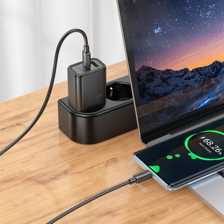 Сетевое зарядное устройство Hoco N63 PD30W + QC3.0 (USB + Type-C) + кабель Type-C to Type-C - Black: фото 5 из 5
