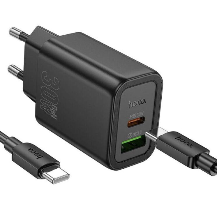 Сетевое зарядное устройство Hoco N63 PD30W + QC3.0 (USB + Type-C) + кабель Type-C to Type-C - Black: фото 2 из 5