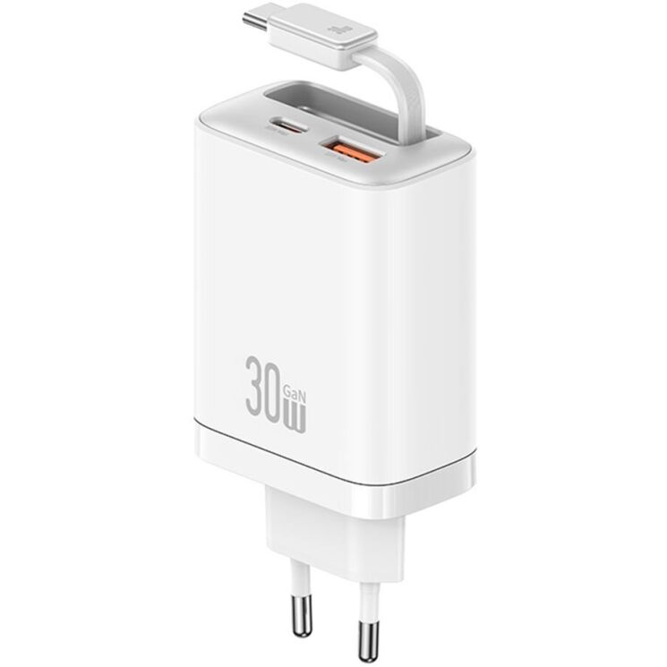 Мережевий зарядний пристрій USAMS US-CC296 GaN 30W (USB + Type-C) + кабель Type-C - White: фото 1 з 16