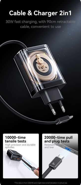 Мережевий зарядний пристрій USAMS US-CC296 GaN 30W (USB + Type-C) + кабель Type-C - White: фото 4 з 16