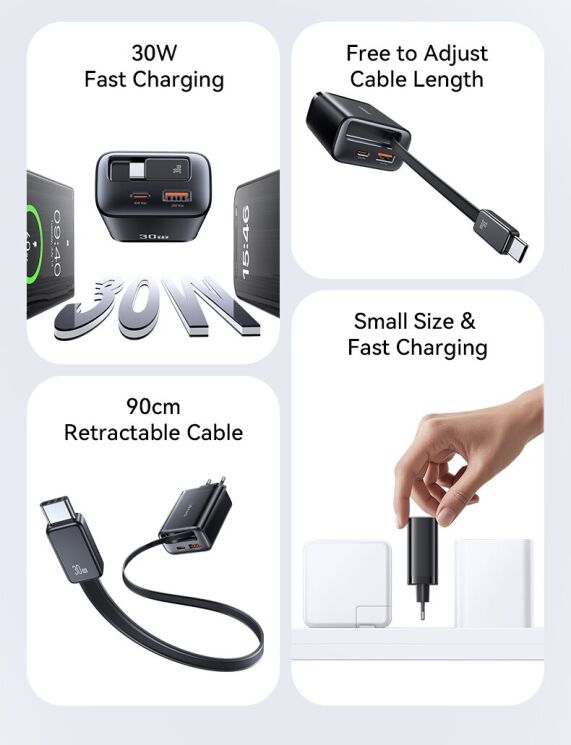 Мережевий зарядний пристрій USAMS US-CC296 GaN 30W (USB + Type-C) + кабель Type-C - White: фото 3 з 16