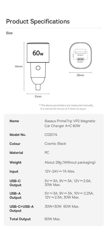 Автомобильное зарядное устройство Baseus PrimeTrip VP2 60W (Type-C + USB) C0207400 - Black: фото 20 из 24