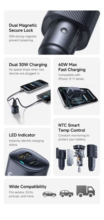 Автомобильное зарядное устройство Baseus PrimeTrip VP2 60W (Type-C + USB) C0207400 - Black: фото 5 из 24