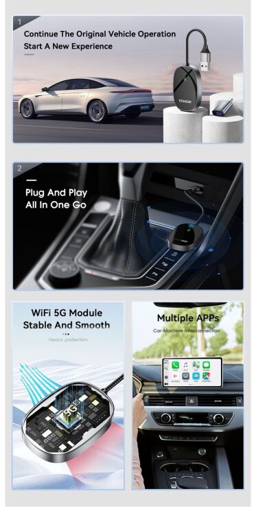 Бездротовий автомобільний адаптер ESSAGER Zhailian (Wireless Apple CarPlay) ECP-ZL0G-Z - Metal Gray: фото 5 з 14