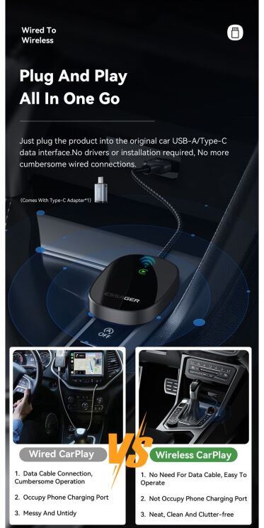 Бездротовий автомобільний адаптер ESSAGER Zhailian (Wireless Apple CarPlay) ECP-ZL0G-Z - Metal Gray: фото 6 з 14