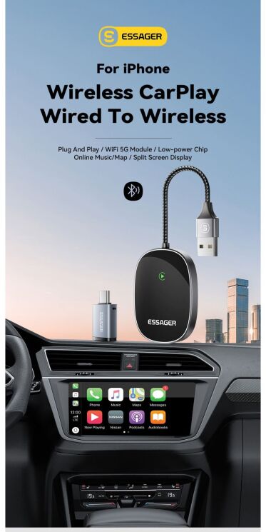 Бездротовий автомобільний адаптер ESSAGER Zhailian (Wireless Apple CarPlay) ECP-ZL0G-Z - Metal Gray: фото 4 з 14