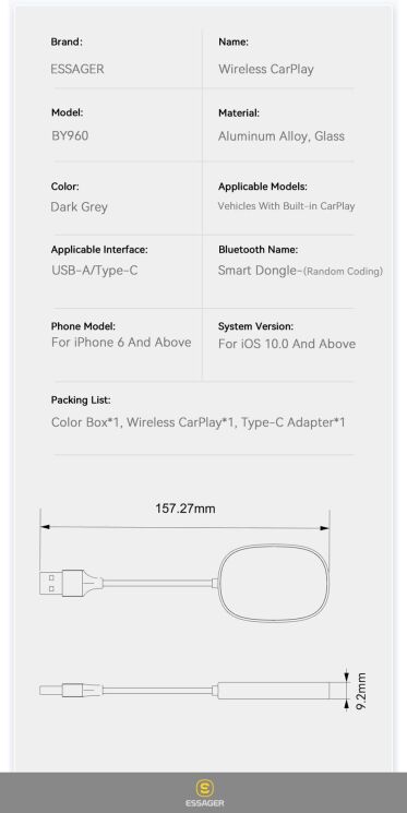 Бездротовий автомобільний адаптер ESSAGER Zhailian (Wireless Apple CarPlay) ECP-ZL0G-Z - Metal Gray: фото 14 з 14