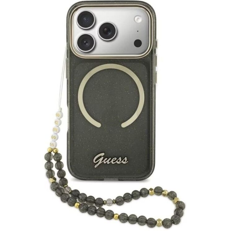 Чехол с ремешком Guess IML Glitters Script Strap MagSafe для iPhone 17 Pro (GUHMP17L5HTGSMSK) - Black: фото 1 из 6