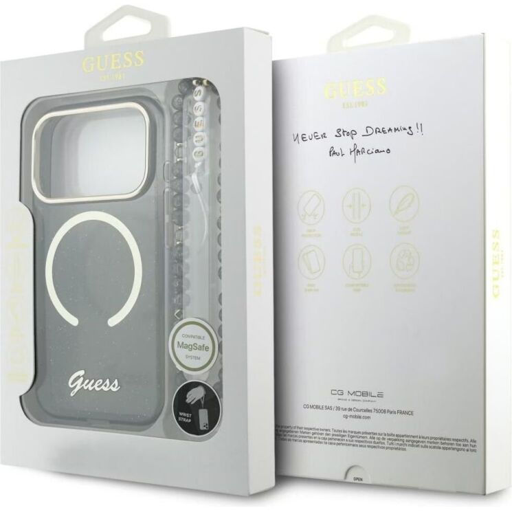 Чехол с ремешком Guess IML Glitters Script Strap MagSafe для iPhone 17 Pro (GUHMP17L5HTGSMSK) - Black: фото 6 из 6