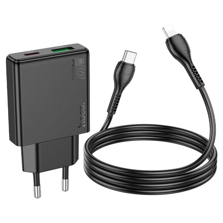 Сетевое зарядное устройство Hoco N38 (20W) + кабель Type-C to Lightning - Black: фото 6 из 9
