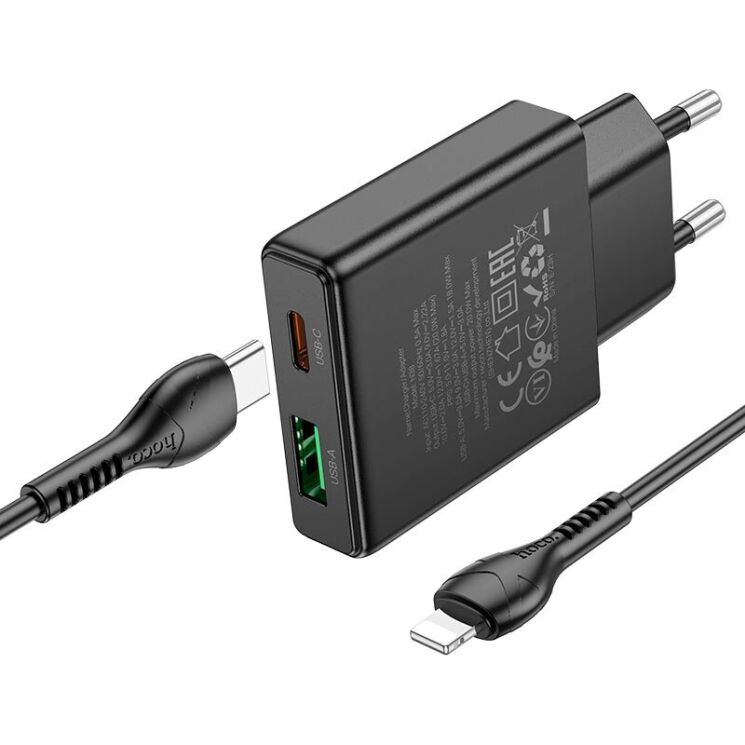 Сетевое зарядное устройство Hoco N38 (20W) + кабель Type-C to Lightning - Black: фото 3 из 9