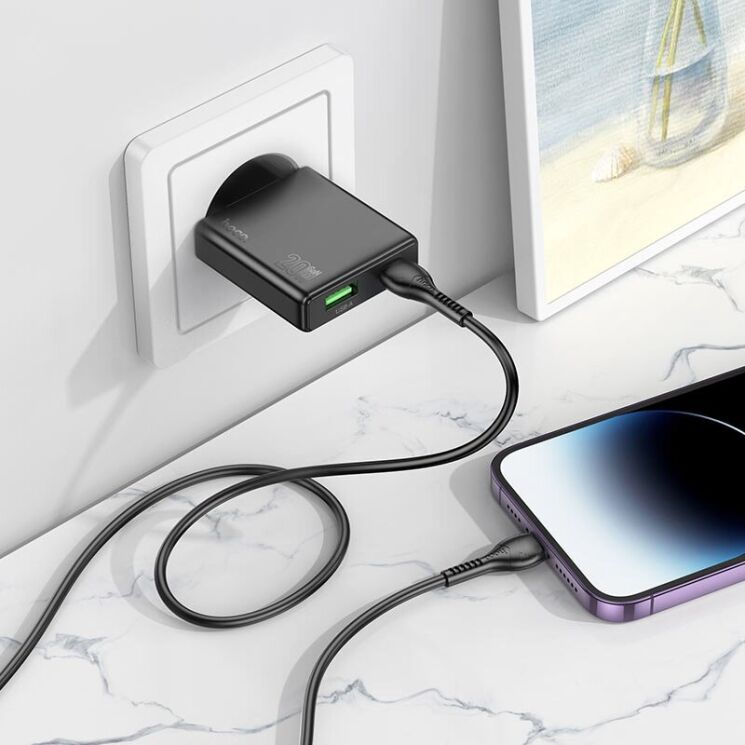 Сетевое зарядное устройство Hoco N38 (20W) + кабель Type-C to Lightning - Black: фото 9 из 9