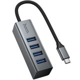 USB HUB Hoco HB1C 4 in 1 Type-C to 4USB 3.0 (0.2m) - Metal Grey: фото 1 з 9