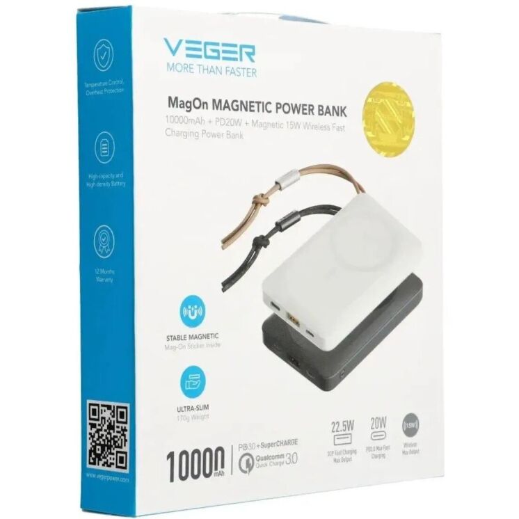 Внешний аккумулятор VEGER MagOn 22.5W + PD20W QC3.0 (10000mAh) - White (995565W) Внешний аккумулятор VEGER MagOn 22.5W + PD20W QC3.0 (10000mAh) - White: фото 9 из 17