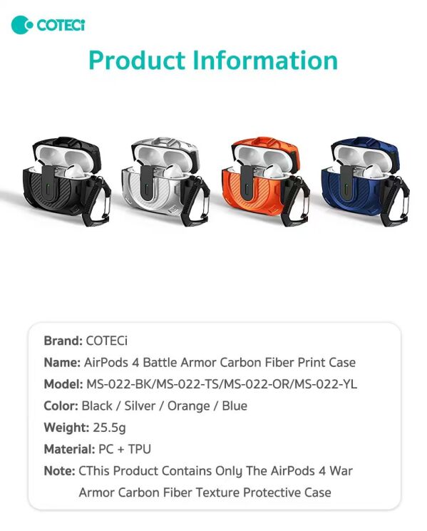 Захисний чохол COTECI Armor Case для AirPods 4 - Black: фото 6 з 7