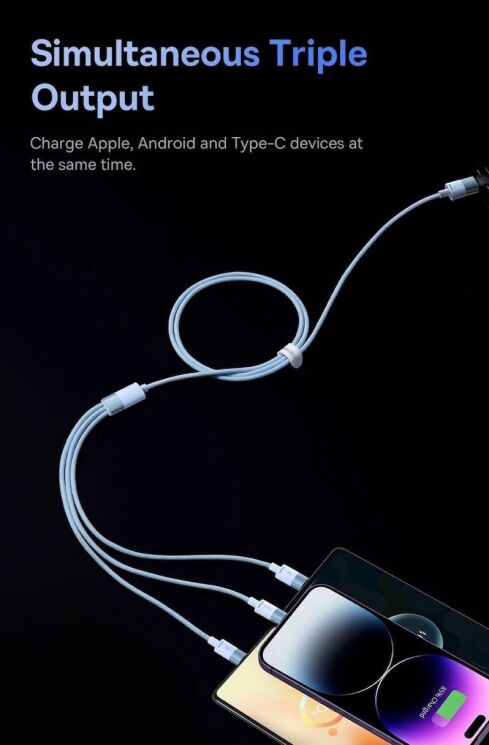 Кабель Baseus StarSpeed 3-in-1USB to MicroUSB+Lightning+Type-C (3.5A, 1.2m) CAXS000001 - Black: фото 9 з 18