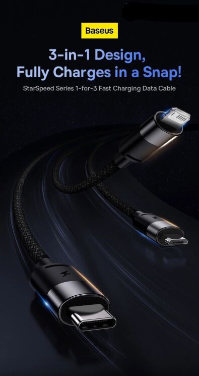 Кабель Baseus StarSpeed 3-in-1USB to MicroUSB+Lightning+Type-C (3.5A, 1.2m) CAXS000001 - Black: фото 7 з 18