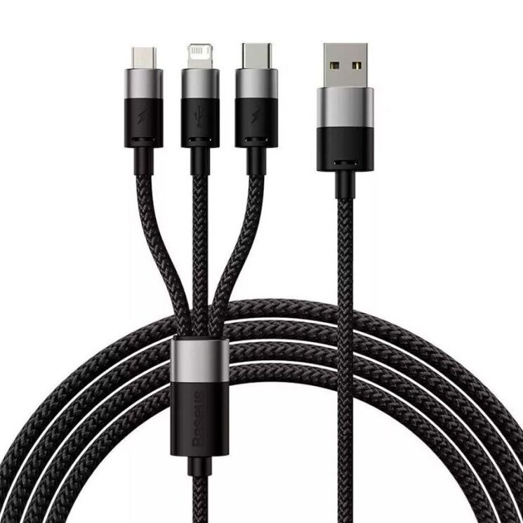 Кабель Baseus StarSpeed 3-in-1USB to MicroUSB+Lightning+Type-C (3.5A, 1.2m) CAXS000001 - Black: фото 1 з 18