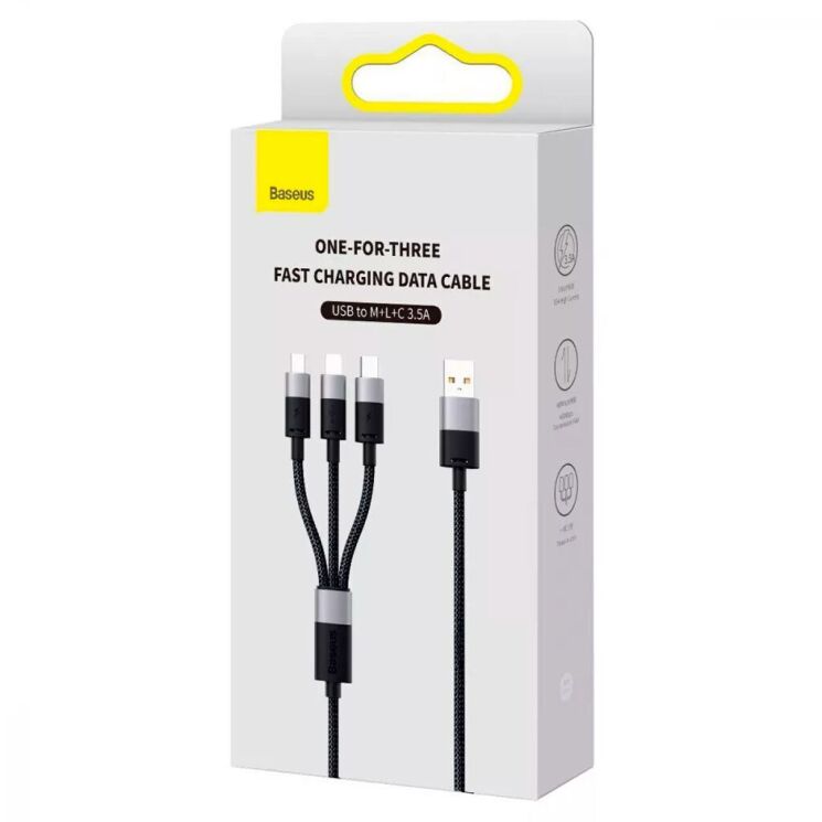 Кабель Baseus StarSpeed 3-in-1USB to MicroUSB+Lightning+Type-C (3.5A, 1.2m) CAXS000001 - Black: фото 6 з 18