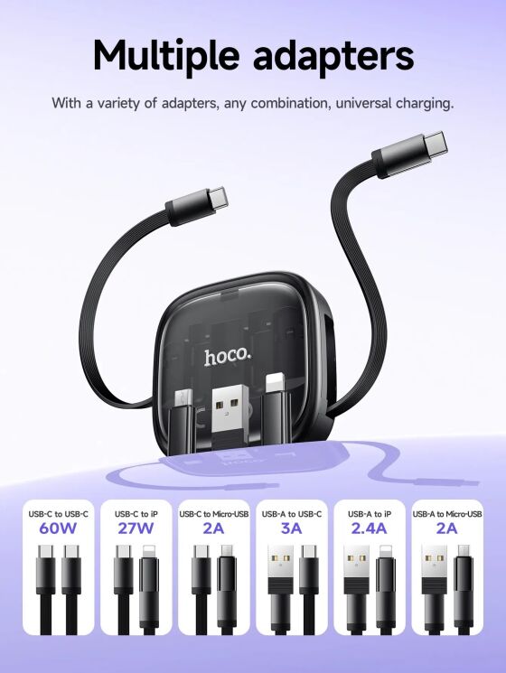 Кабель з комплектом адаптерів Hoco U140 Retractable - Black: фото 6 з 14