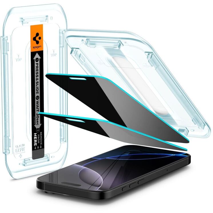 Комплект защитных стекол Spigen (SGP) GLAS.tR EZ Fit Privacy для Apple iPhone 16 Pro: фото 1 из 14