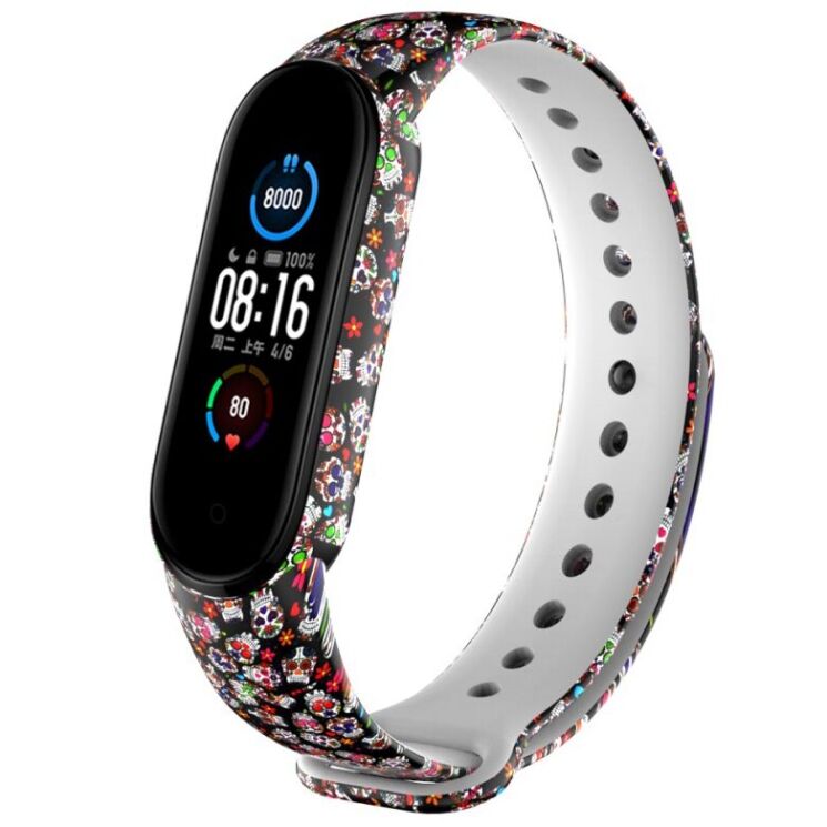 Ремешок Deexe Style Strap для Xiaomi Mi Band 5 / Mi Band 6 - Colorful Skull: фото 1 из 5