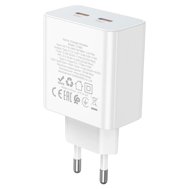 Сетевое зарядное устройство Hoco C108A PD35W + кабель Type-C to Lightning - White: фото 11 из 13