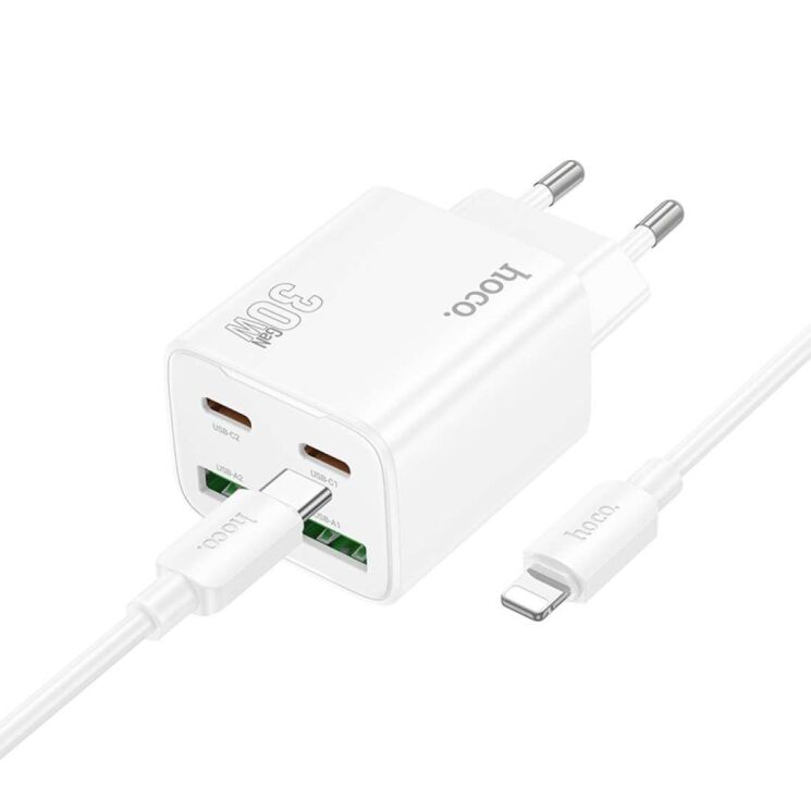 Сетевое зарядное устройство Hoco N56 30W 2C+2U + кабель Type-C to Lightning - White: фото 2 из 6