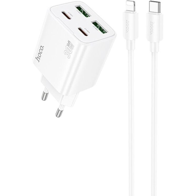 Сетевое зарядное устройство Hoco N56 30W 2C+2U + кабель Type-C to Lightning - White: фото 1 из 6