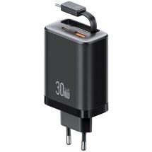 Мережевий зарядний пристрій USAMS US-CC296 GaN 30W (USB + Type-C) + кабель Type-C - Black: фото 1 з 21