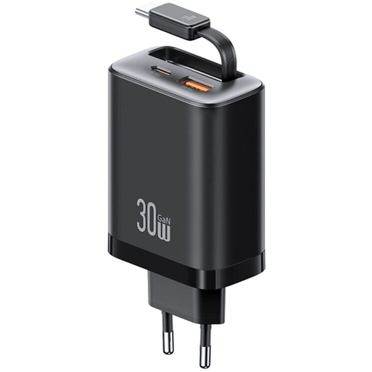 Мережевий зарядний пристрій USAMS US-CC296 GaN 30W (USB + Type-C) + кабель Type-C - Black: фото 1 з 21
