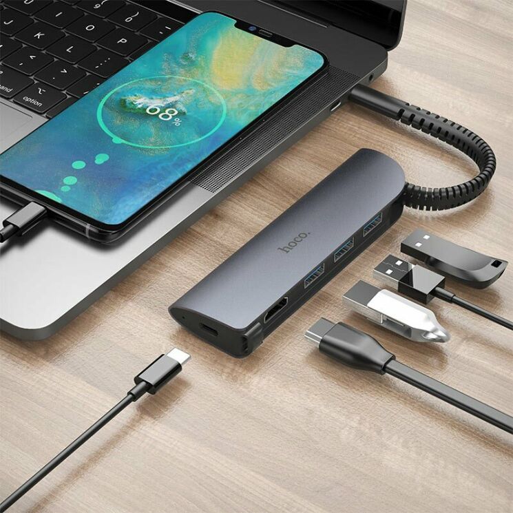 USB HUB HOCO HB13 EasyLink Type-C to 3xUSB 3.0 + HDMI + PD - Metal Gray: фото 6 з 6