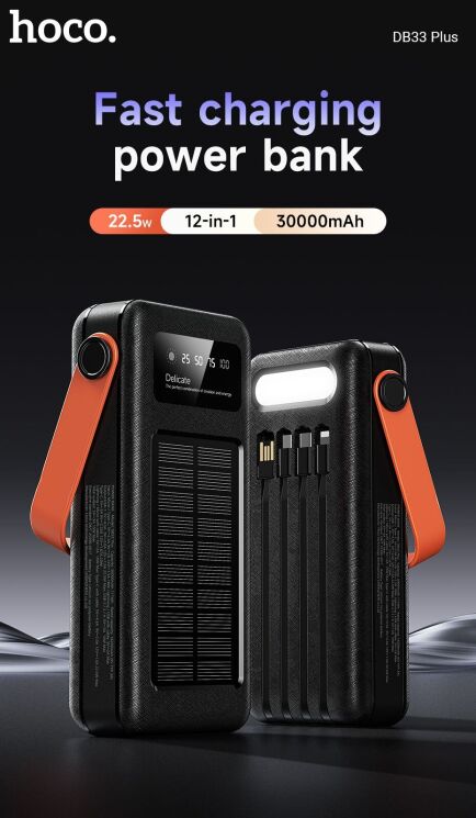 Зовнішній акумулятор Hoco DB33 Plus 22.5W+PD20W Sun Solar (30000mAh) - Black: фото 7 з 16