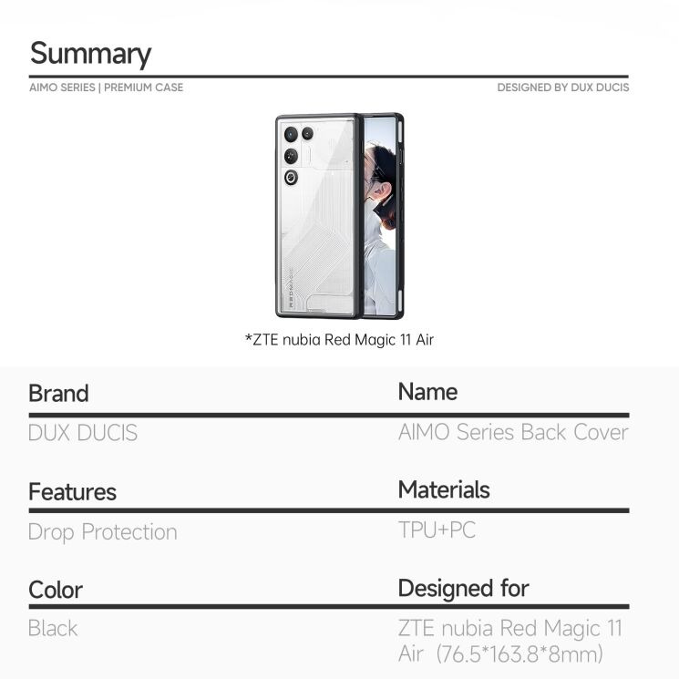 Защитный чехол DUX DUCIS Aimo Series для ZTE Nubia Red Magic 11 Air - Black (423106B) Защитный чехол DUX DUCIS Aimo Series для ZTE Nubia Red Magic 11 Air - Black: фото 9 из 9