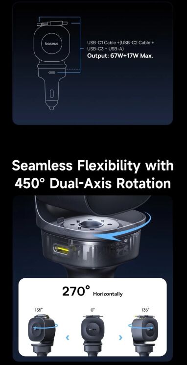 Автомобільний зарядний пристрій Baseus PrimeTrip VR2 Max PD100W+QC3.0 (Type-C + USB) + кабель 2Type-C (C02066) - Cosmic Black: фото 15 з 27