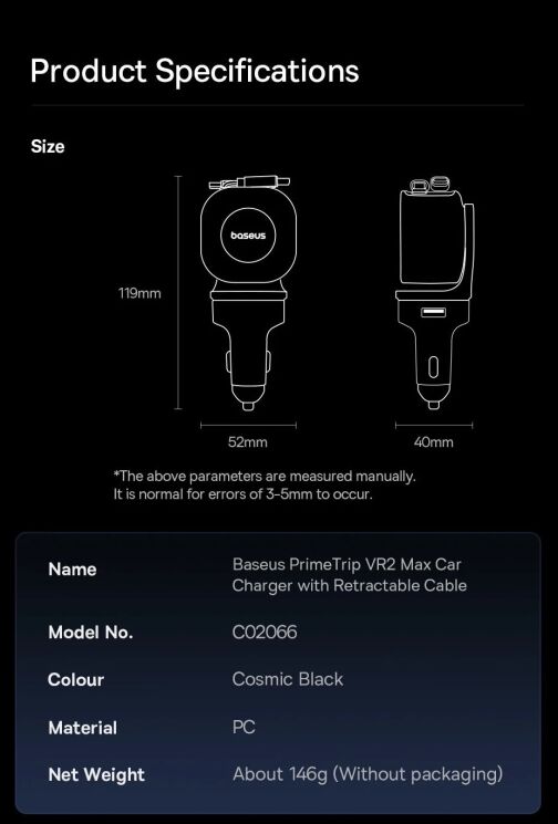 Автомобільний зарядний пристрій Baseus PrimeTrip VR2 Max PD100W+QC3.0 (Type-C + USB) + кабель 2Type-C (C02066) - Cosmic Black: фото 23 з 27