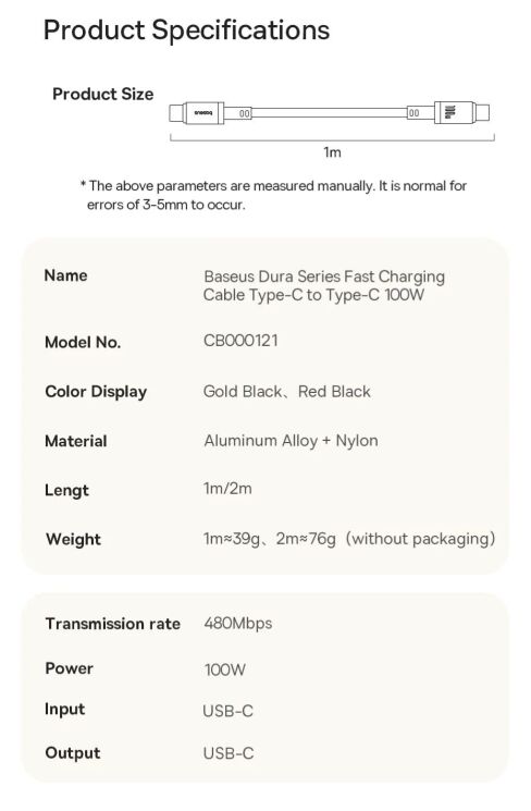 Кабель Baseus Dura Series Type-C to Type-C (100W, 1m) P10377803U01-00 - Black / Gold: фото 20 з 21
