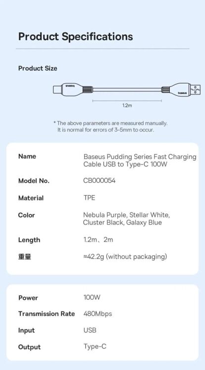 Кабель Baseus Pudding Series USB to Type-C (100W, 5A, 2m) P10355703221-01 - White: фото 21 з 23
