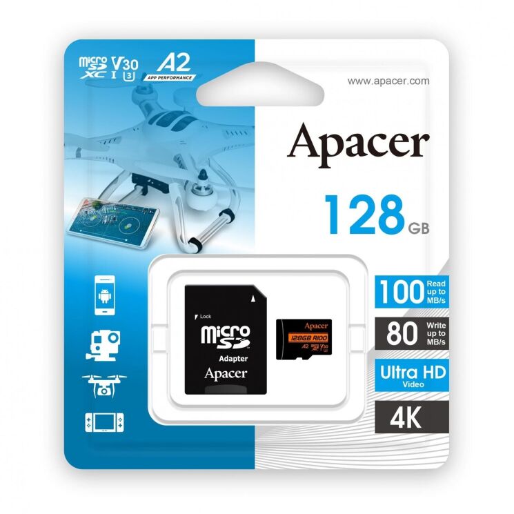 Карта памяти MicroSDXC Apacer 128GB UHS-I U3 V30 A2 + адаптер (AP128GMCSX10U8-R): фото 3 из 10