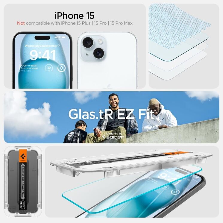 Комплект защитного стекла Spigen (SGP) GLAS.tR EZ Fit Sensor Protected для Apple iPhone 15: фото 6 из 11