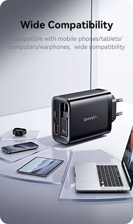 Сетевое зарядное устройство USAMS US-CC299 GaN 65W (USB + Type-C) + кабель Type-C - White: фото 13 из 17