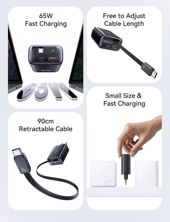Сетевое зарядное устройство USAMS US-CC299 GaN 65W (USB + Type-C) + кабель Type-C - White: фото 3 из 17