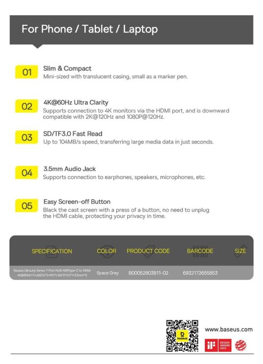 USB HUB Baseus UltraJoy Series 7 in 1 (B00052803811-02) - Metal Gray: фото 29 из 29