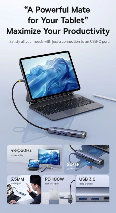 USB HUB Baseus UltraJoy Series 7 in 1 (B00052803811-02) - Metal Gray: фото 13 из 29