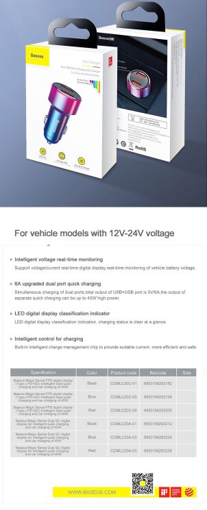 Автомобильное зарядное устройство Baseus Magic Series Dual QC (45W) CCMLC20A-01 - Black: фото 17 из 17