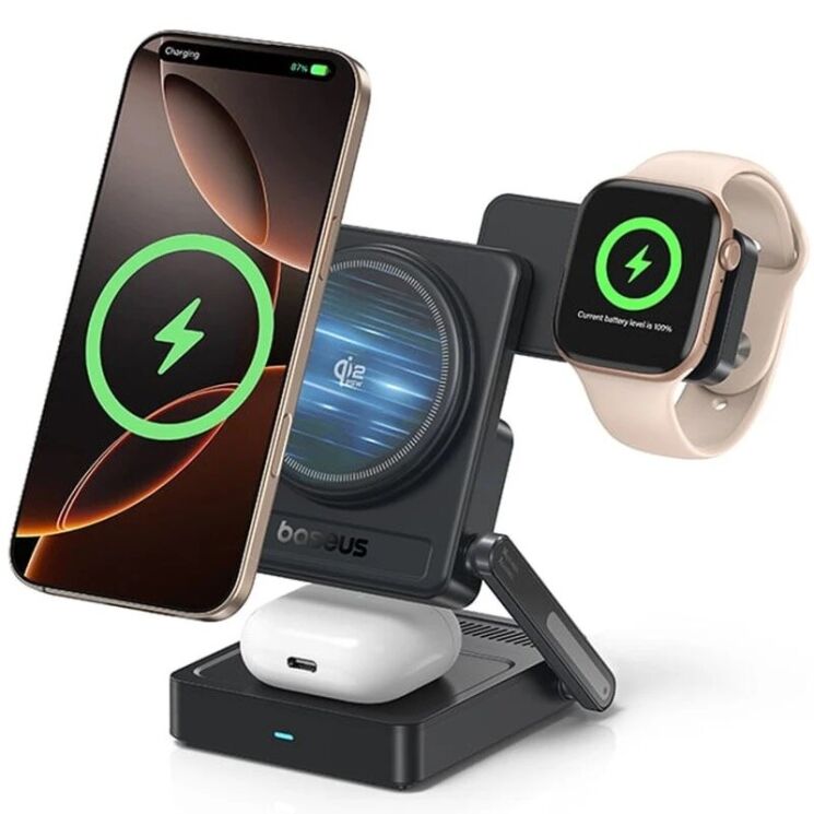 Бездротовий зарядний пристрій Baseus PicoGo AF21 3 in 1 Qi2 35W (E02054) - Cosmic Black: фото 2 з 19