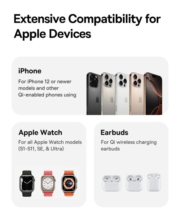 Бездротовий зарядний пристрій Baseus PicoGo AF21 3 in 1 Qi2 35W (E02054) - Cosmic Black: фото 8 з 19