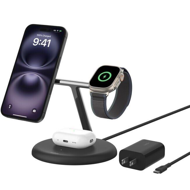 Беспроводное зарядное устройство Belkin BoostCharge Pro 3 in 1 Qi2 15W (WIZ023TTBK) - Black: фото 3 из 5